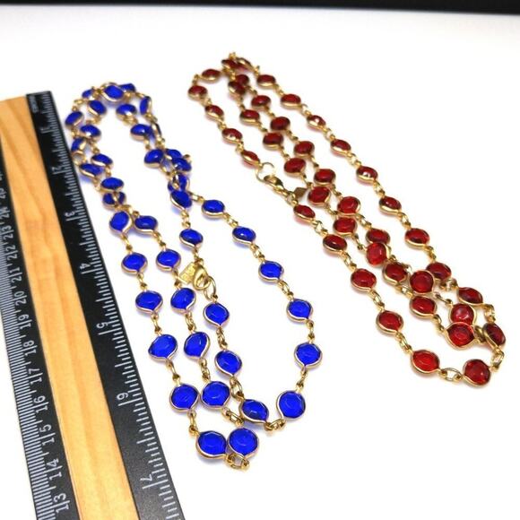 Vintage 2 Necklace Set, Red Blue Acrylic Flat Bead Chains, TWO SISTERS, 28 Inch - Picture 5 of 6